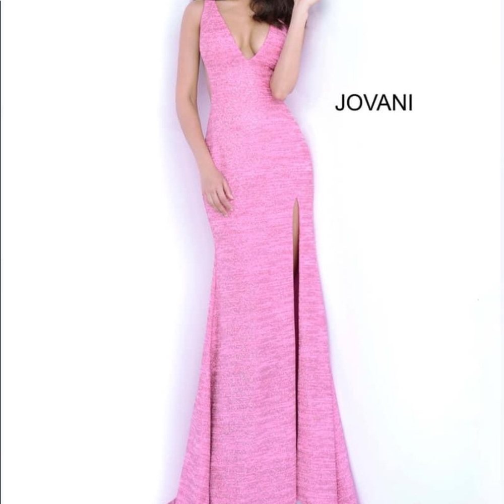 Jovani Hot Pink V Neck Fitted Prom Dress 02472